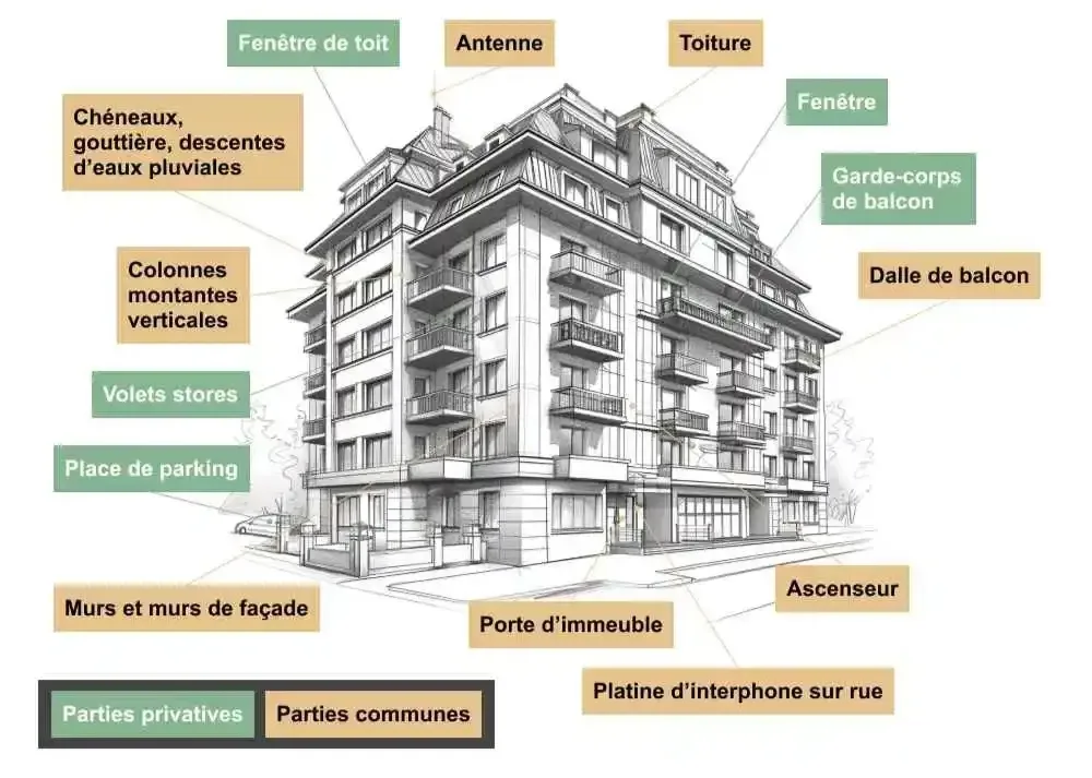 Schema d'un immeuble et des différents éléments privatifs ou communs qui le composent.